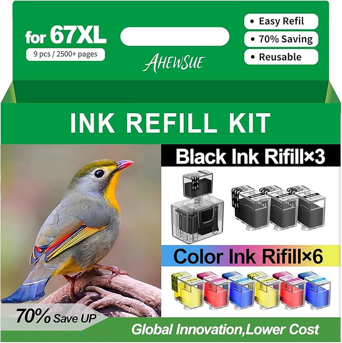 67XL Ink Refill Black/Color Combo Pack for HP Ink 67 67XL for DeskJet 2755e 2855e 4155e 2700 2800e 4255e 4100e Envy 6055e 6000 6555e 6455e Printer(3 Black 2 Cyan 2 Magenta 2 Yellow, 9 Pack)