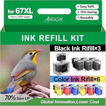 67XL Ink Refill Black/Color Combo Pack for HP Ink 67 67XL for DeskJet 2755e 2855e 4155e 2700 2800e 4255e 4100e Envy 6055e 6000 6555e 6455e Printer(3 Black 2 Cyan 2 Magenta 2 Yellow, 9 Pack)