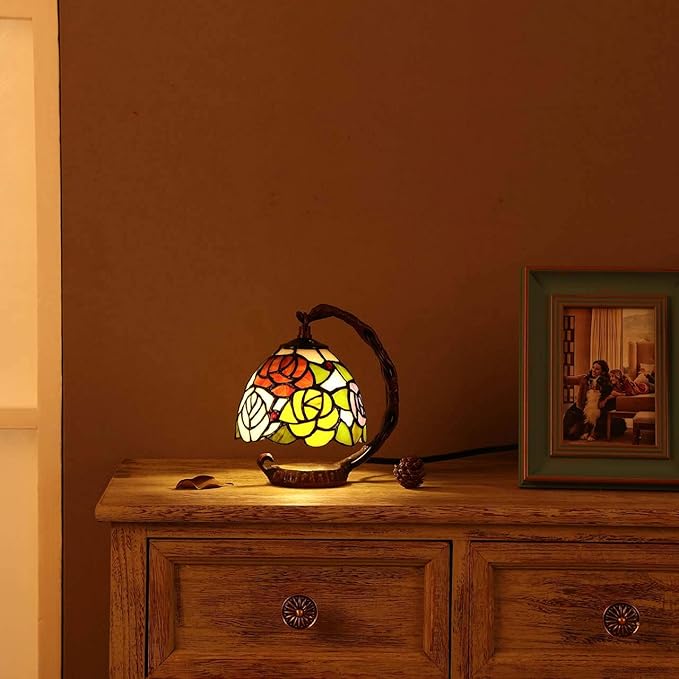 Bieye L10036 Rose Tiffany Style Stained Glass Table Lamp with 6-inch Wide Lampshade Hanging on The Cast Iron Base (Pink)
