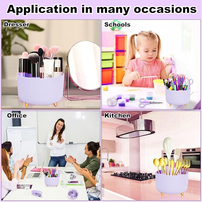 Desk Organizers and Accessories Set with 360-Degree Rotating Pen Holder, Tape Dispenser, Stapler, Staple Remover, 1000 Staples, Tape, Clips Set, Ruler, Scissor, Pen (Purple, 10 Pcs Set)