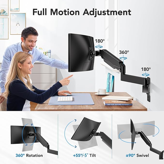 HUANUO 49 inch Ultrawide Monitor Wall Mount, Heavy Duty Screen Arm with Premium Aluminum, Supports up to 44 lbs, Wall Mount Monitor Arm for Height Adjustment, Tilt, Swivel, Rotate