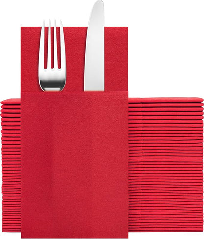 Red Napkins Hand Towels Disposable, Linen-Feel Dinner Napkins with Prefolded Built-in Flatware Pocket, Guest Paper Hand Towels For Wedding, Dinner Or Party (16x16in, 50Pack）