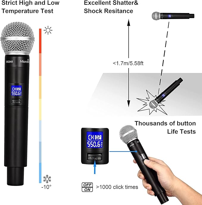 MicrocKing Wireless Microphone System, with 4 Handheld Mics, Metal Build, Fixed Frequency, Long Range 400ft, Ideal for Party/Wedding/Church/Conference/Speech