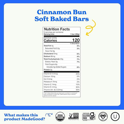 MadeGood Mornings Soft Baked Breakfast Bars, Cinnamon Bun 1.06 Oz (30 Count) Gluten Free Snacks