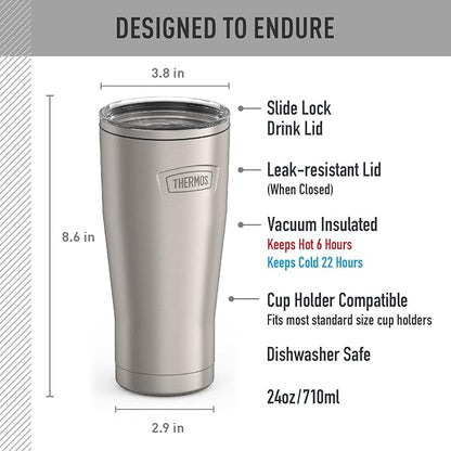 THERMOS ICON SERIES, Stainless Steel Cold Tumbler with Slide Lock, 24 Ounce, Matte Stainless Steel