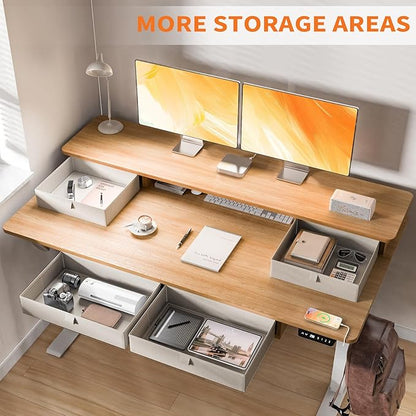 55 * 30 Inches Electric Standing Widened Desk Adjustable Height with 4 Drawers, Double Storage Shelves, Home Office Workstation Sit Stand up Desk (Nature)