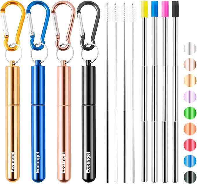 Cruise Ship Essentials,4-Pack reusable Collapsible Stainless Steel Drinking Straws with Aluminum Case,Cleaning Brush,and Keychains （Black & rose gold & blue & gold）