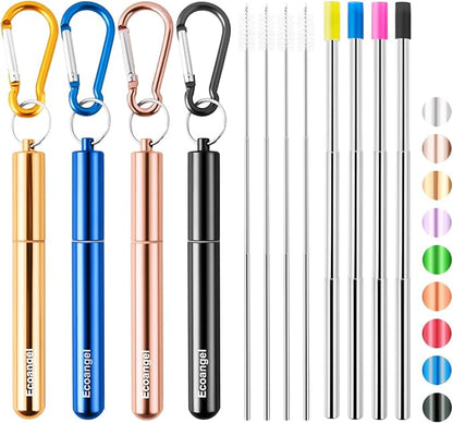Cruise Ship Essentials,4-Pack reusable Collapsible Stainless Steel Drinking Straws with Aluminum Case,Cleaning Brush,and Keychains （Black & rose gold & blue & gold）