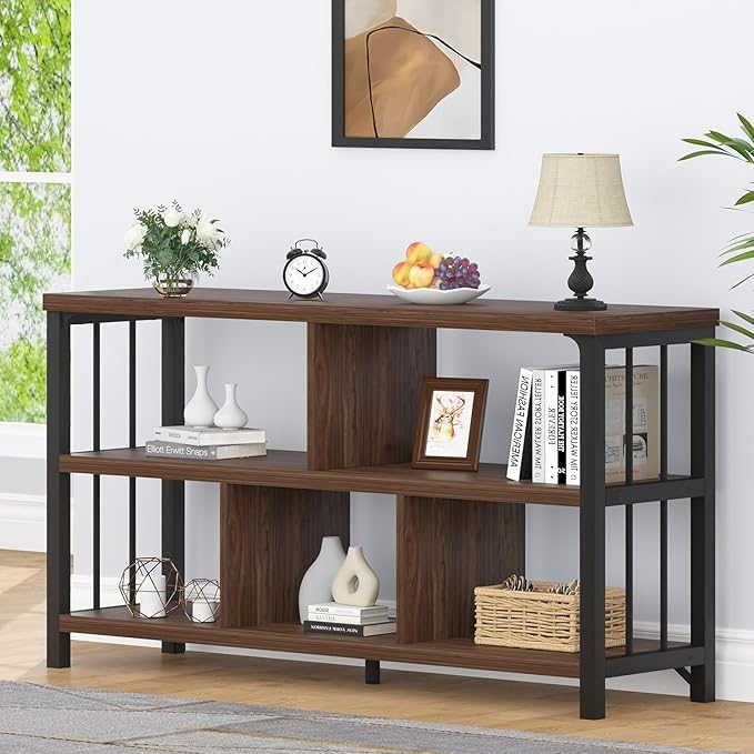 IBF Horizontal Bookshelf, Industrial 5 Cube Storage Organizer Open Shelf, Modern Wide Book Shelf for Bedroom Living Room, Rustic Wood and Metal Low Short Bookcase for Home Office, Walnut Oak, 47 Inch