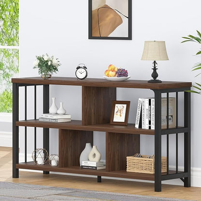 IBF Horizontal Bookshelf, Industrial 5 Cube Storage Organizer Open Shelf, Modern Wide Book Shelf for Bedroom Living Room, Rustic Wood and Metal Low Short Bookcase for Home Office, Walnut Oak, 47 Inch