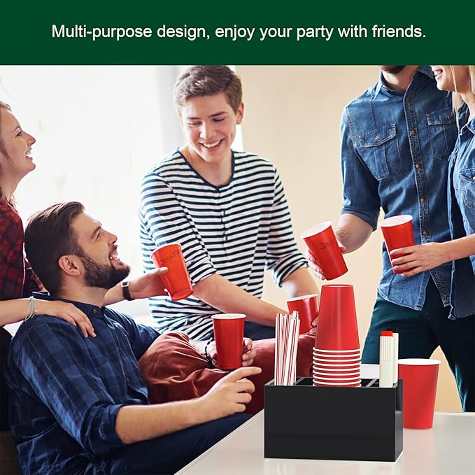 Cup Holder With Marker Slot, Party Dispenser Acrylic Organizer, Mark Your Drink Caddy, Modern Bar Counter Decor, Black