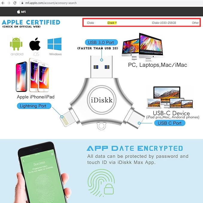 iDiskk 256GB App-le Certified Flash Drive Photo Vault for iPhone 15 USB C iPad Pro Android Samsung Flash Drive for iPhone Photo Storage Stick iPad pro Photo Stick for iPhone and Computer