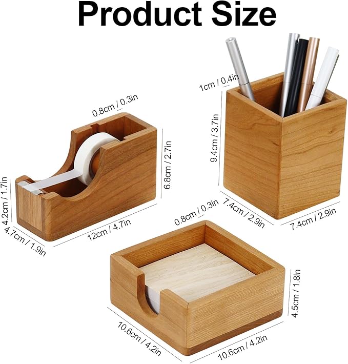 Buqoo Cherry Wood Desk Organizer Set, Tape Dispenser, Sticky Note Holder, Pen Cup - Compact Office Storage for School Home Office Decor