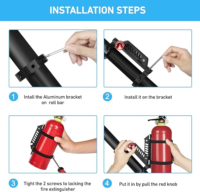 Fire Extinguisher Mount for UTV, Jeep, ATV – Quick Release Holder with Adjustable Bracket for 1.75" to 2" Roll Bars – Ideal for Cars, Boats, RVs, SXS – Secure, Easy Install Fire Extinguisher Kit.