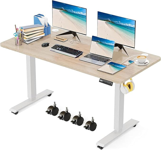 Electric Standing Desk 55 x 24 Inches Adjustable Height Sit Stand Up Desk for Home Office Computer Workstation Memory Preset with Wheels, Oak
