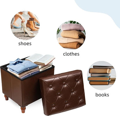 CAROLMADE Folding Storage Ottoman Cube PU Leather Footstool with Wood Legs Ottoman Footrest for Living Room and Bedroom Brown, 15x12.6 x 15.4”