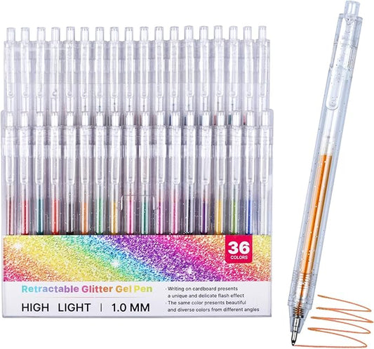 36 Colors Retractable Sparkle Glitter Gel Pens, 1mm Fine Point Refillable Metallic Gel Pens Sets for Kids Adult Coloring, Cards Making, Journaling, Highlighting, Art Projects, Gift for Christmas