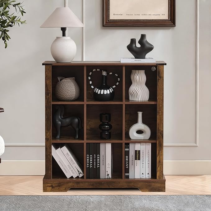 9 Cube Storage Organizer with LED Lights, Wooden Bookcase with Storage, Modern Cube Shelf for Living Room, Bedroom, Home Office - Brown