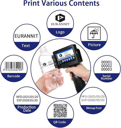 Handheld Inkjet Printer E55 with W6900K Fast-Drying Ink Cartridge, Portable Handheld Printer Gun 0.5 Inch Nozzle for Serial Numbers Logo DIY QRCode barcodes, Print on Carton Plastic Metal