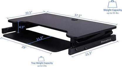 Rocelco 37.5" Height Adjustable Standing Desk Converter with Floor Stand Bundle - Slide Out Retractable Keyboard Tray - Sit Stand Up Dual Monitor Riser - Computer Workstation - Black (R DADRB-STFS)