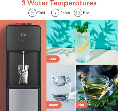 Brio CLTL130SS 130 Series Top-Load Water Cooler Dispenser for 3- and 5-Gallon Bottles, Hot & Cold, Spill-Free Loading, Child Safety Lock, Energy Star 3.0, Black & Stainless