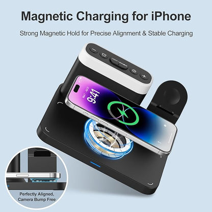 ANJANK Wireless Charging Station,5 in 1 Multiple Charger Stand with Alarm Clock,7 Night Light,Mag-Safe Charging Dock for iPhone 17 16 15 14 13 12 Pro Max Plus,Apple Watch 11/10/9/8,for Airpods,Bedroom