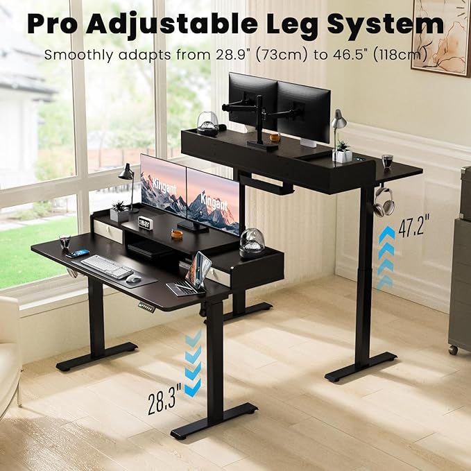 Kingant 55 x 30 Inch Standing Desk with Drawers, Adjustable Height Electric Sit Stand Desk with Storage Shelf, Rising Stand Up Computer Desk for Home Office Workstation, 3 Preset Heights