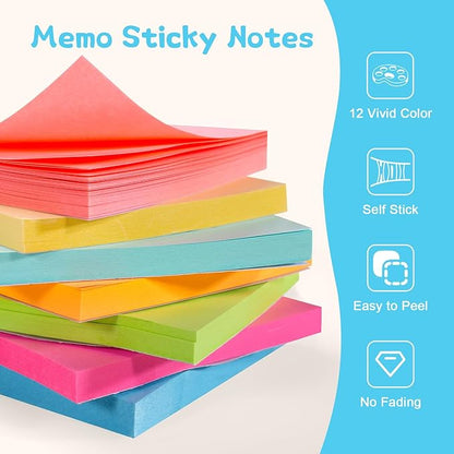 Sticky Notes 3x3 Inch Bulk 72 Pads - 12 Assorted Color Self-Stick Memo Pads for Students, Office, Home Organization Easy to Post for Planners, Fridge, Laptops (5400 Total Sheets)