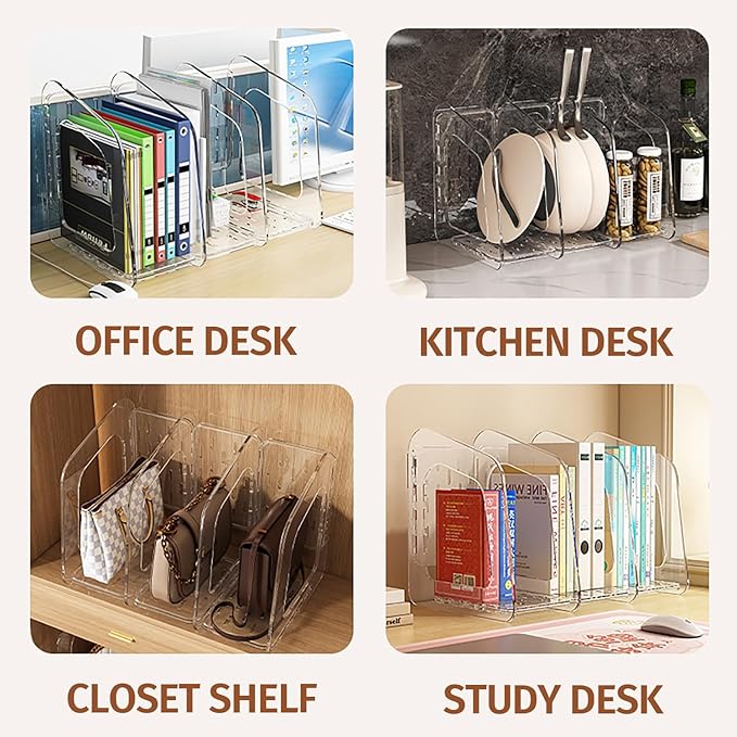 Clear Acrylic Book Stand 5-Section Vertical File Desk Organizer with Handle Detachable Magazine Rack for Office Closet & Kitchen Storage (White)