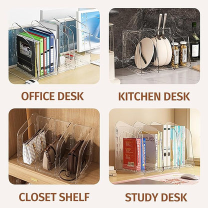 Clear Acrylic Book Stand 5-Section Vertical File Desk Organizer with Handle Detachable Magazine Rack for Office Closet & Kitchen Storage (White)