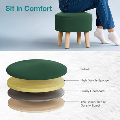 Poofzy Small Ottoman with Storage, Small Foot Stool Ottoman with Wood Legs, Velvet Foot Rest for Couch, Living Room and Bedroom - Dark Green