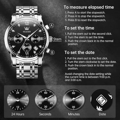 OLEVS Men's Luxury Watch Waterproof Luminous Easy Read Chronograph Watches Full Gold/White Dail/Black Face with Calendar Wristwatch