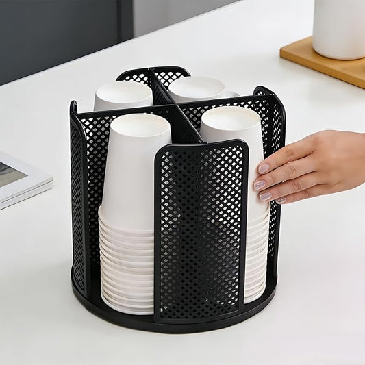 360° Rotating Coffee Cup Dispenser and Lid Holder with 4 Compartments, Organizes 3-16oz Paper Cups - For Coffee Shops, Home Countertops, Office, Restaurant & Kitchen Use