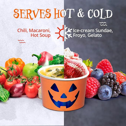 Paper Ice Cream Cups, 50-Count 9-Oz Disposable Dessert Bowls for Hot or Cold Food, 9-Ounce Halloween Party Supplies Treat Cups, Jack-O-Lantern, Orange