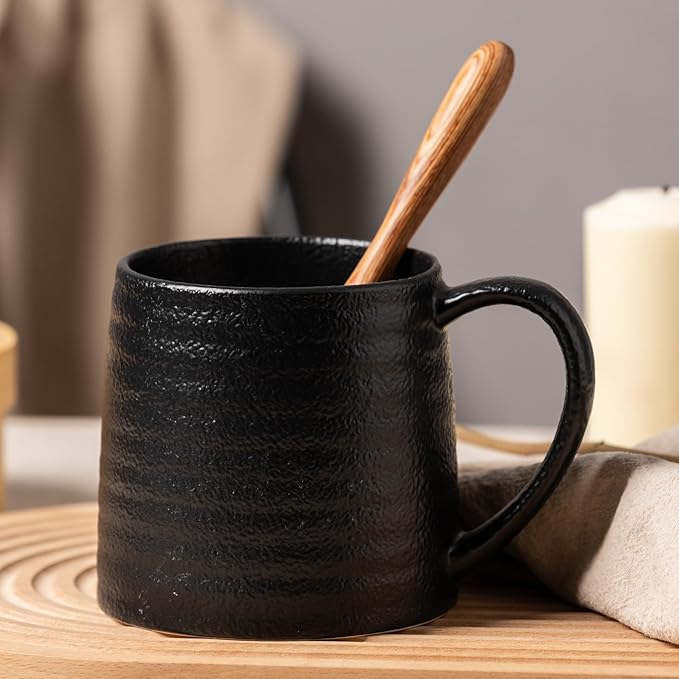 Ceramic Coffee mugs, 21 oz, Extra Large Mugs, Big Tea Cups, Large Handle, Pottery Mugs, Big Belly, Transmutation Glaze，Wide Bottom, stripe pattern, Microwave and Dishwasher Safe. (Black)