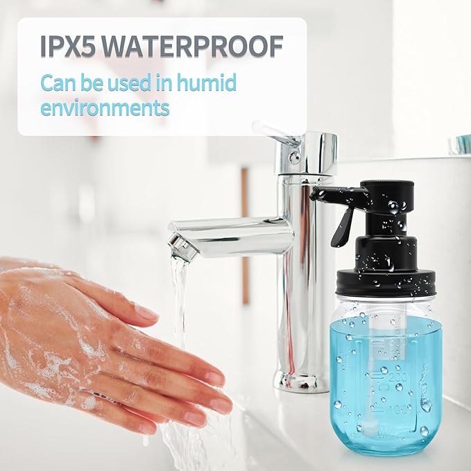 12oz Automatic Touch Sensor Foam Glass Soap Dispenser, Hands-Free Mason Jar Soap Dispenser, Refillable Lotion Bottle for Bathroom Kitchen Countertop (Batteries Not Included)
