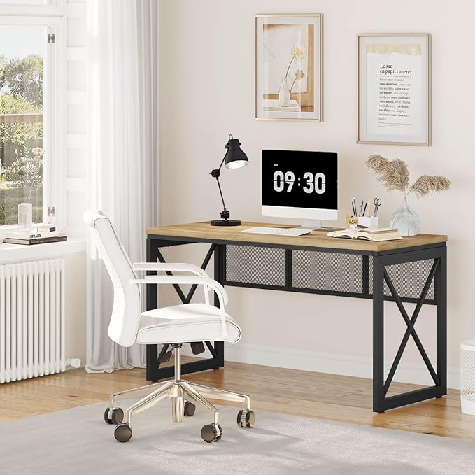 BON AUGURE Farmhouse Computer Desk, Modern Industrial Home Office Desks, Wood Metal Study Writing Table, Sturdy Gaming Desk (Vintage Oak, 54 Inch)