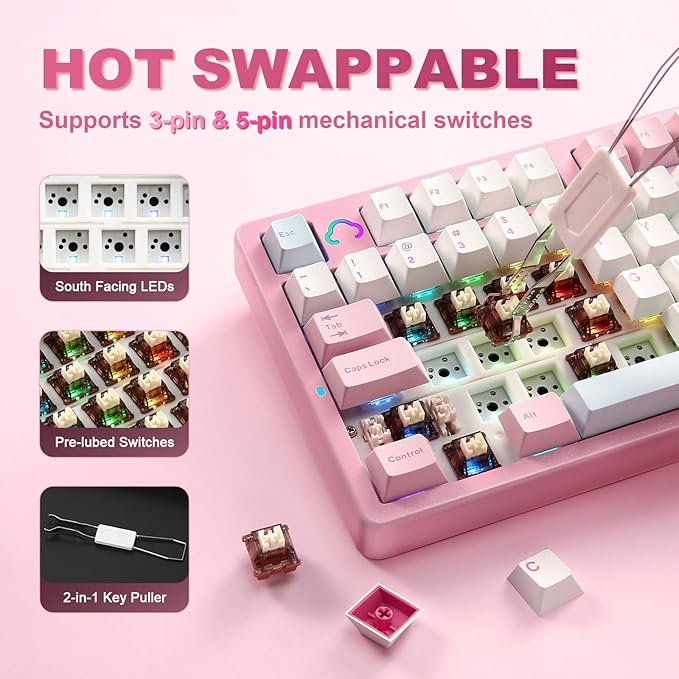 YUNZII AL98 QMK/VIA Wireless Mechanical Gaming Keyboard,Full Aluminum,BT/2.4G/USB-C, Pre-Lubed Hot Swappable Gasket Mount 1800 Layout,RGB Backlit for Win/Mac (Pink, Cocoa Cream V2 Switch)