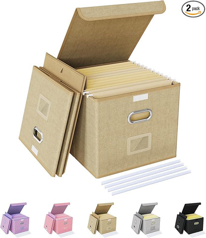 Oterri 2 Pack File Organizer Box,File Box,Small File Cabinet for Letter Folders,Khaki Portable Filing Box,Hanging File Folder Organizer with Lid for Office/Decor/Home- without Folders