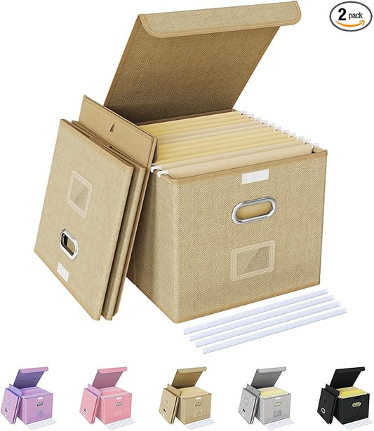 Oterri 2 Pack File Organizer Box,File Box,Small File Cabinet for Letter Folders,Khaki Portable Filing Box,Hanging File Folder Organizer with Lid for Office/Decor/Home- without Folders