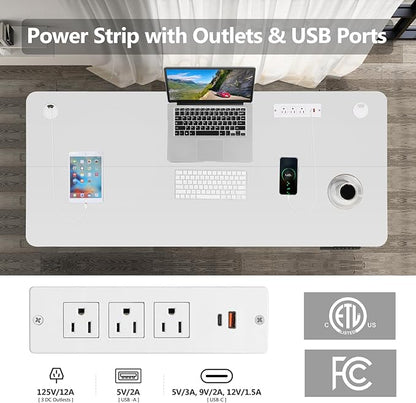 Electric Standing Desk 55 x 24 Inches Adjustable Height Sit Stand Up Desk for Home Office Computer Workstation with 2 USB Ports 3 AC Power Outlets Memory Preset and Wheels, White