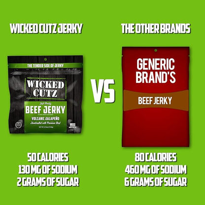 Wicked Cutz Volcanic Jalapeño Spicy Beef Jerky, 27g Protein Per Serving, Tender & Easy to Chew Alternative to Beef Sticks, USA Made High Protein Carnivore Snacks (2 Bags)