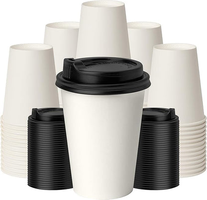 12 oz Coffee Cups with Lids 100 Pack, White Leak-Proof Disposable Coffee Cups for Hot/Cold Beverages, Party Supplies, To-Go Paper Cups for Coffee, Tea, Office, Picnic