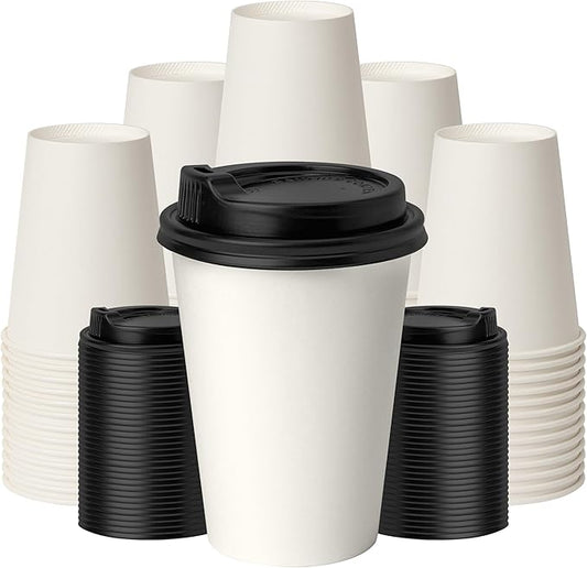 12 oz Coffee Cups with Lids 100 Pack, White Leak-Proof Disposable Coffee Cups for Hot/Cold Beverages, Party Supplies, To-Go Paper Cups for Coffee, Tea, Office, Picnic