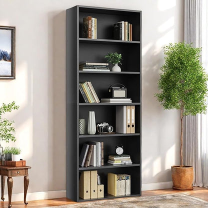 6 Tier Book Shelf, Tall Display Bookcase Modern Wood Bookshelf, 6 Shelf Bookcase Storage Organizer for Garage Kits/CDs/Books/Movies, Black Bookshelf for Home Office Living Room