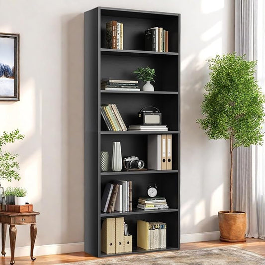 6 Tier Book Shelf, Tall Display Bookcase Modern Wood Bookshelf, 6 Shelf Bookcase Storage Organizer for Garage Kits/CDs/Books/Movies, Black Bookshelf for Home Office Living Room