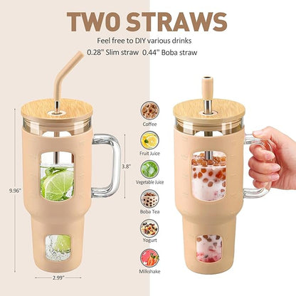 Glass Tumbler with Straw and Lid, 40 oz glass cup with handle, Glass Water Bottles with Time Marker, Silicone Protective Sleeve-Amber
