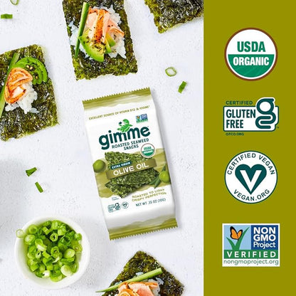 Gimme Seaweed Organic Premium Roasted Seaweed Snacks, Extra Virgin Olive Oil, 12 Count Sharing Size, Keto, Vegan, Gluten-Free, Source of Omega3s & Iodine, Healthy On-The-Go Snack for Kids & Adults