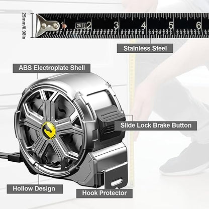 Tape Measure 25ft, Stainless Steel Retractable Tape Measure, Waterproof & Rustproof Steel Measuring Tape with Hollow Design for Renovation, Construction, Carpentry (25')
