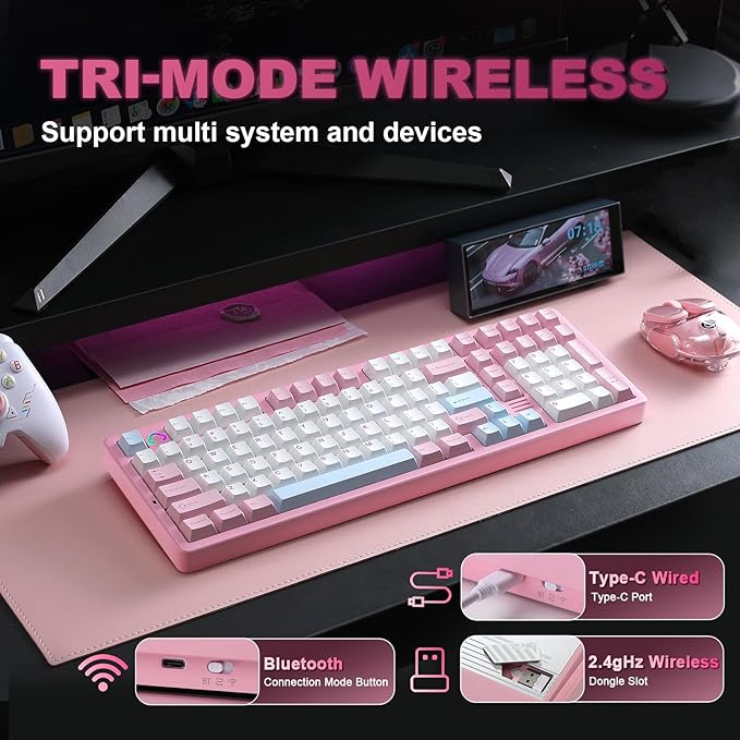 YUNZII AL98 QMK/VIA Wireless Mechanical Gaming Keyboard,Full Aluminum,BT/2.4G/USB-C, Pre-Lubed Hot Swappable Gasket Mount 1800 Layout,RGB Backlit for Win/Mac (Pink, Cocoa Cream V2 Switch)